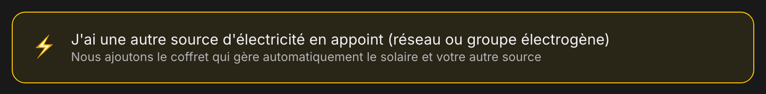 Carte de l'étape six permettant de déclarer une autre source d'électricité en appoint.