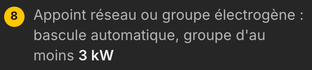 Ligne de légende indiquant un appoint réseau ou groupe électrogène avec bascule automatique et puissance minimale.