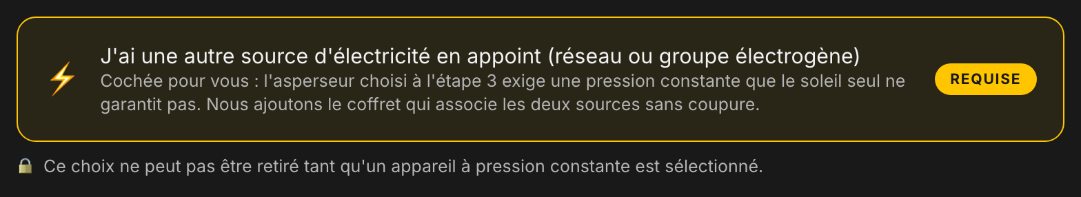 Carte d'appoint automatiquement cochée et marquée requise dans le parcours à pression constante.