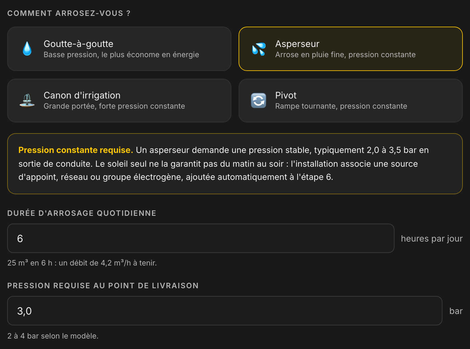 Écran avec choix de l'appareil, durée d'arrosage et pression demandée.