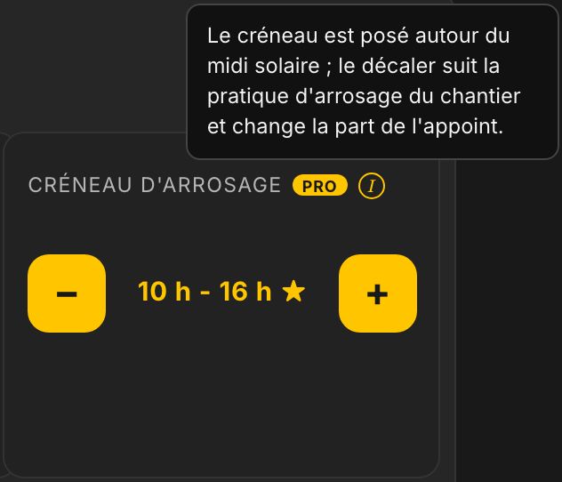Contrôle permettant de déplacer le créneau d'arrosage autour du midi solaire.