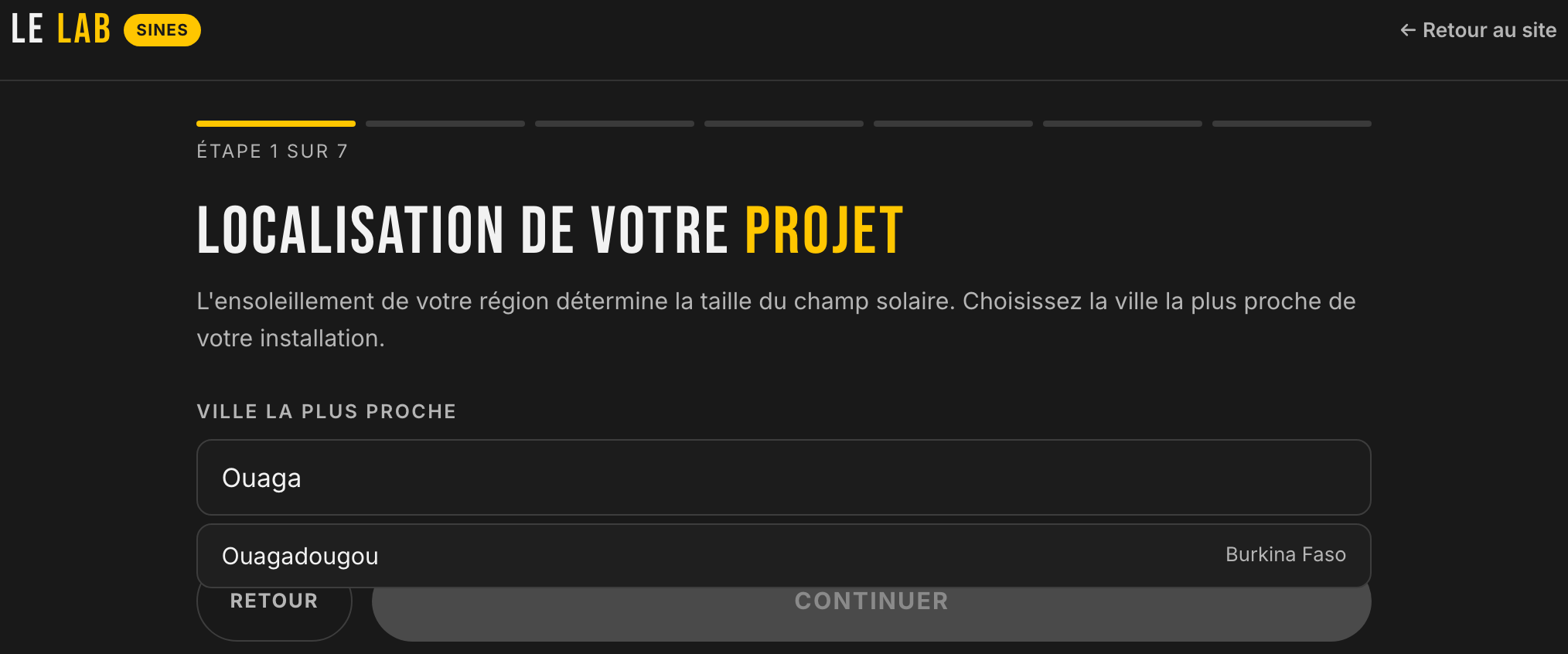 Étape 1 de l'application : recherche de la ville la plus proche, avec Ouagadougou (Burkina Faso) dans la liste de suggestions