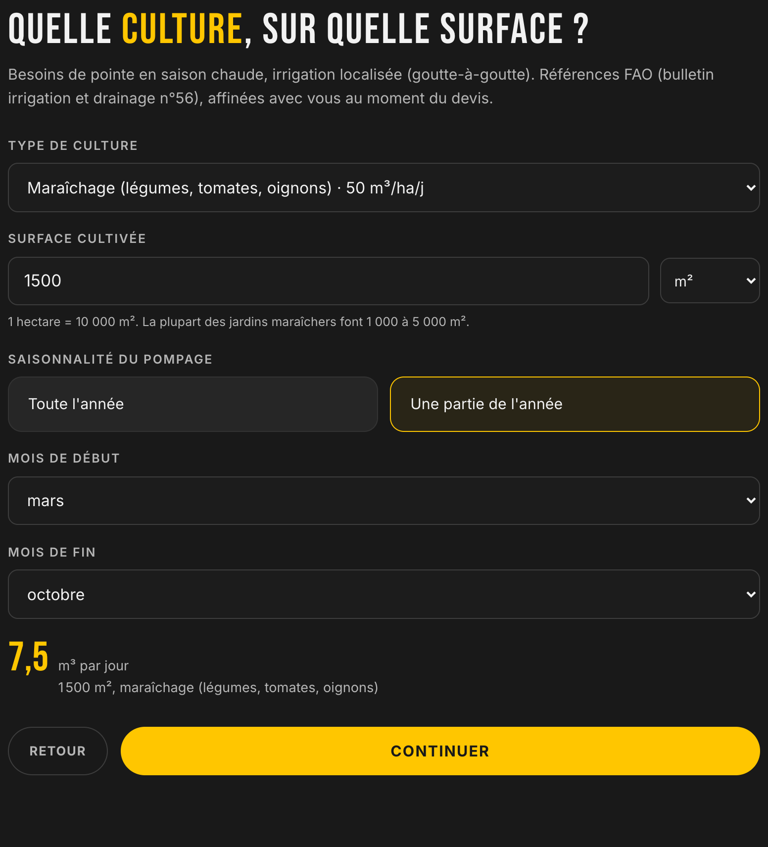 Étape 3 de l'application : besoin en eau d'un maraîchage de 1500 m², calculé à 7,5 m³ par jour, avec la saisonnalité du pompage de mars à octobre