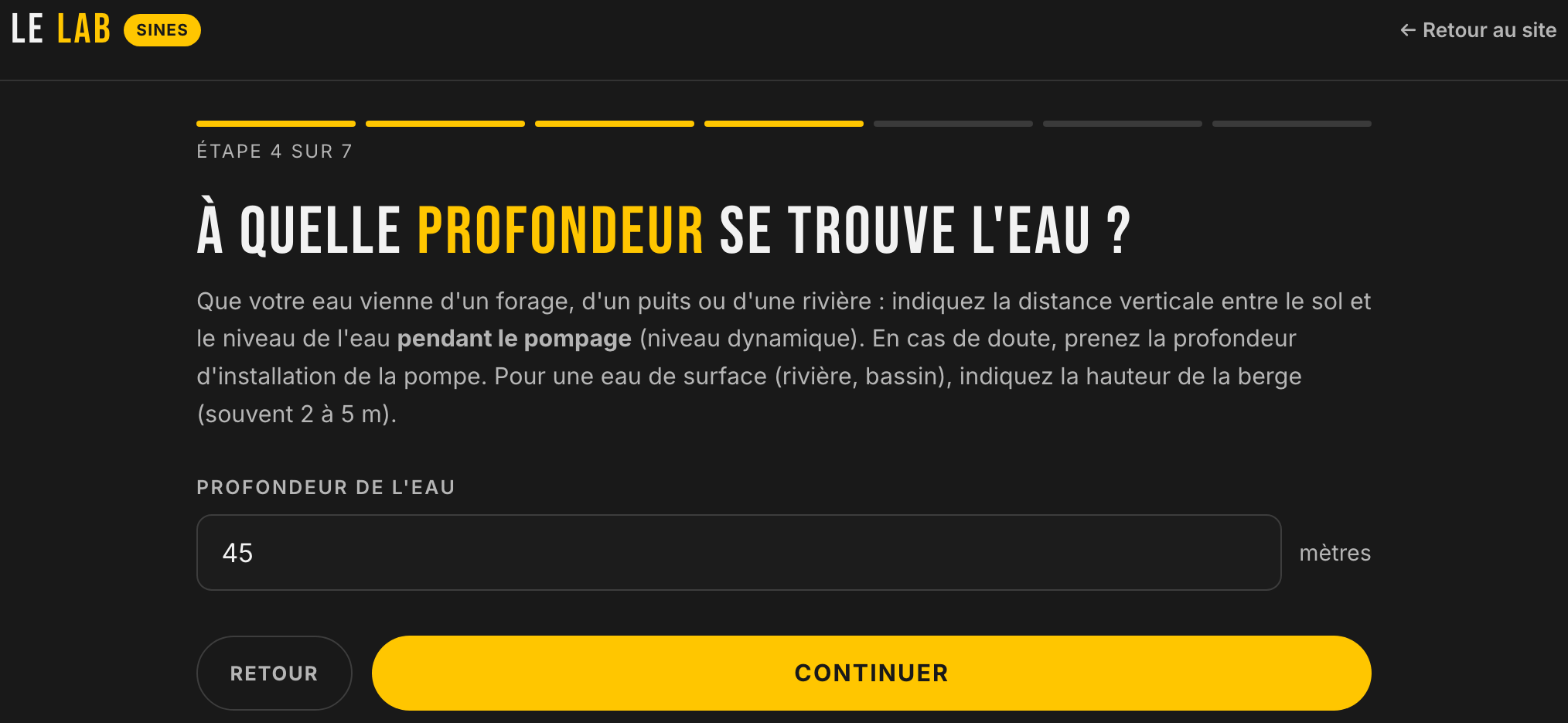 Étape 4 de l'application : saisie de la profondeur de l'eau, niveau dynamique pendant le pompage