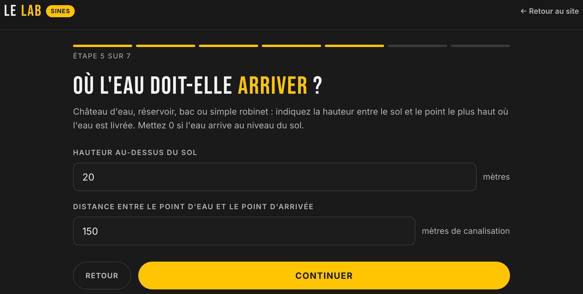 Étape 5 de l'application : hauteur de refoulement jusqu'au point d'arrivée et distance de canalisation