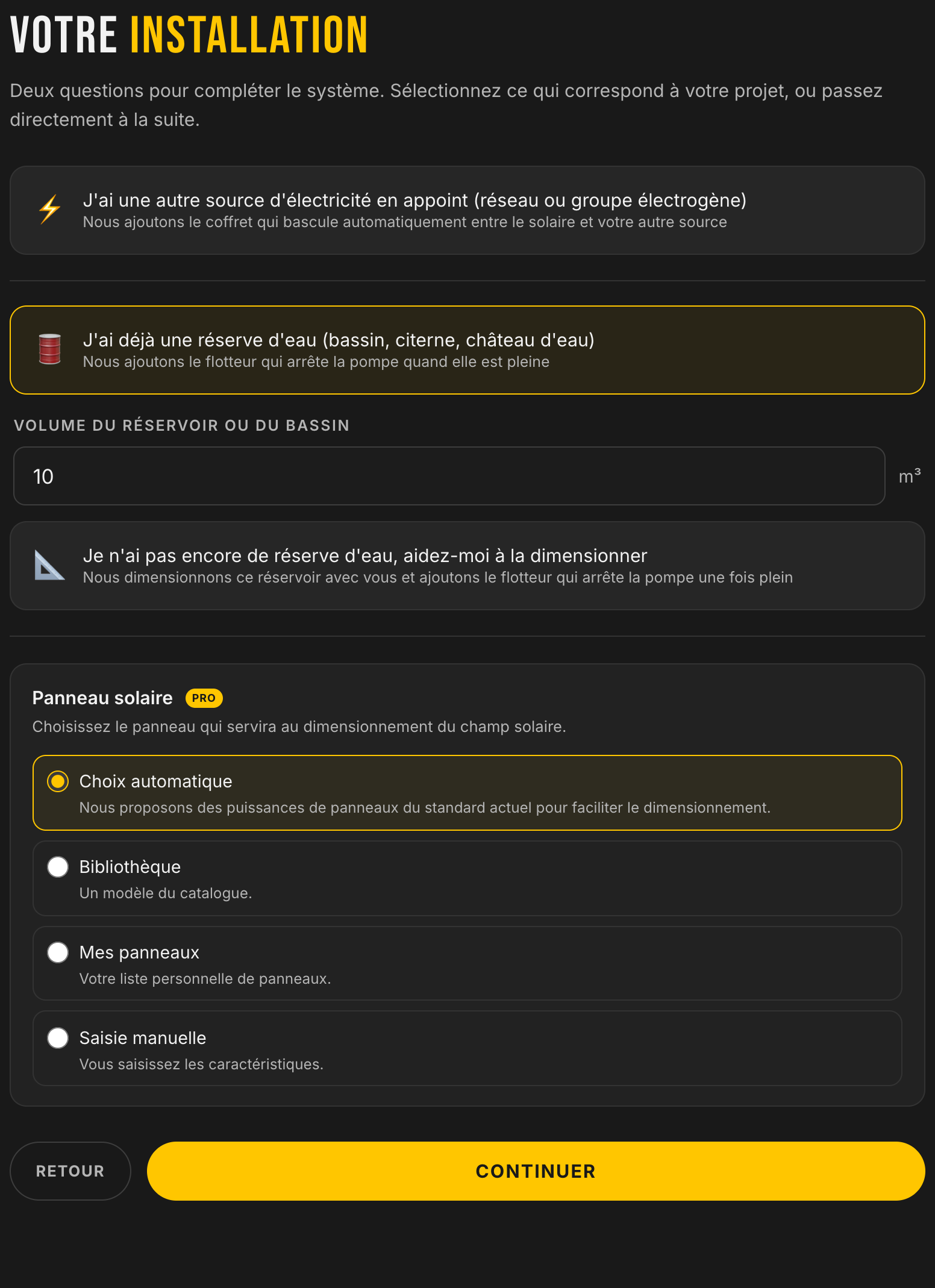 Étape 6 de l'application : appoint électrique, réserve d'eau existante avec son volume ou réserve à dimensionner, et choix du panneau solaire, une fonction pro à quatre modes