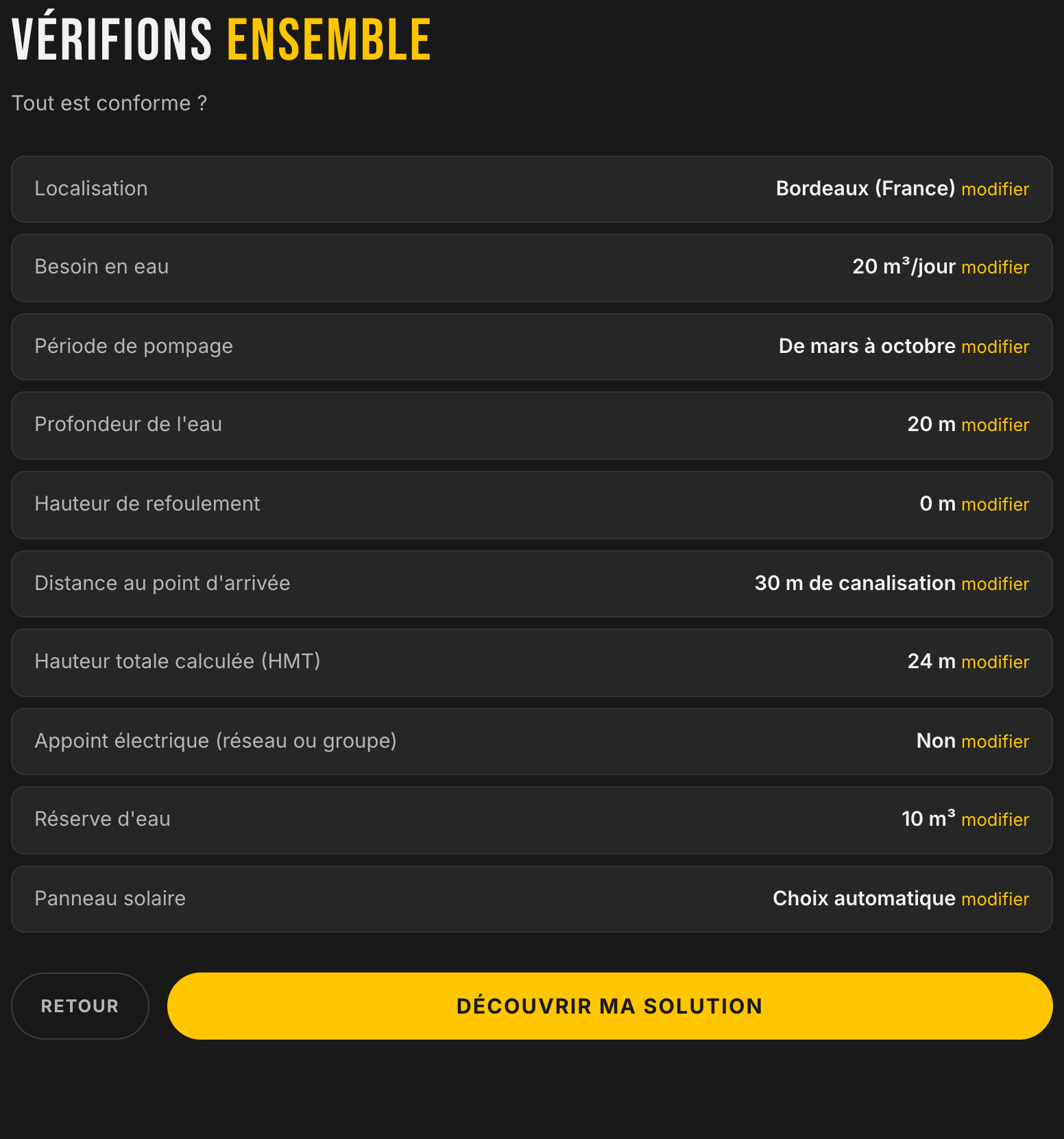 Étape 7 de l'application : récapitulatif des réponses (localisation, besoin en eau, période de pompage, profondeur, canalisation, réserve d'eau, panneau solaire) avec la hauteur manométrique totale calculée, avant de lancer le calcul