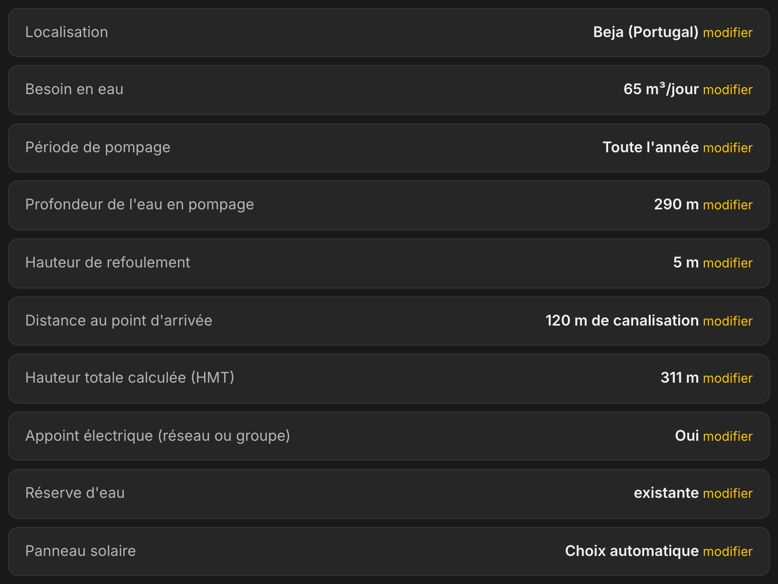 Récapitulatif de l'étude dans LE LAB : Beja au Portugal, 65 m³ par jour, profondeur de l'eau en pompage 290 m, refoulement 5 m, 120 m de canalisation, hauteur manométrique totale 311 m, appoint électrique oui, citerne existante