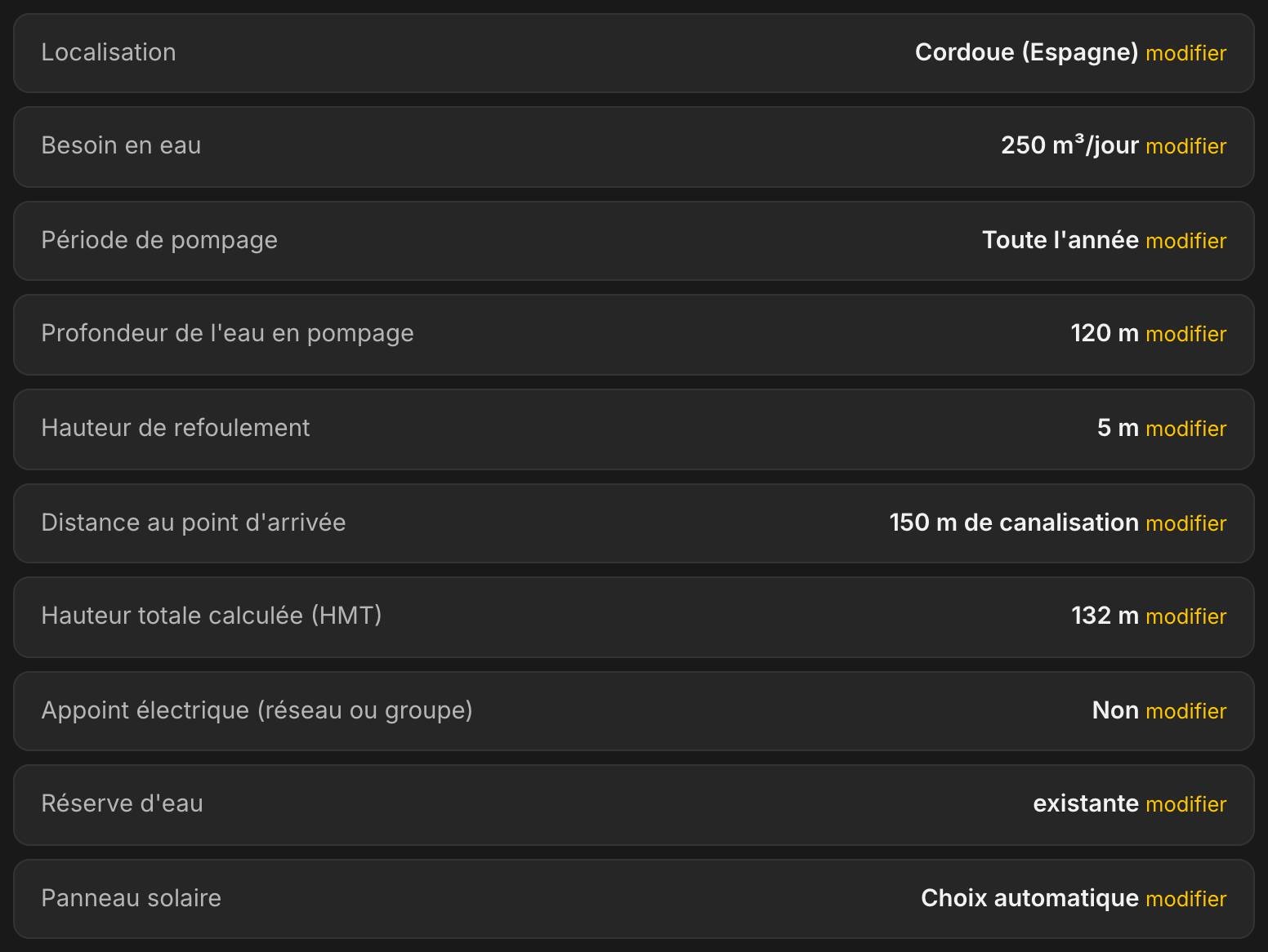 Récapitulatif de l'étude dans LE LAB : Cordoue en Espagne, 250 m³ par jour, profondeur 120 m, refoulement 5 m, 150 m de canalisation, hauteur manométrique totale calculée 132 m, sans appoint électrique