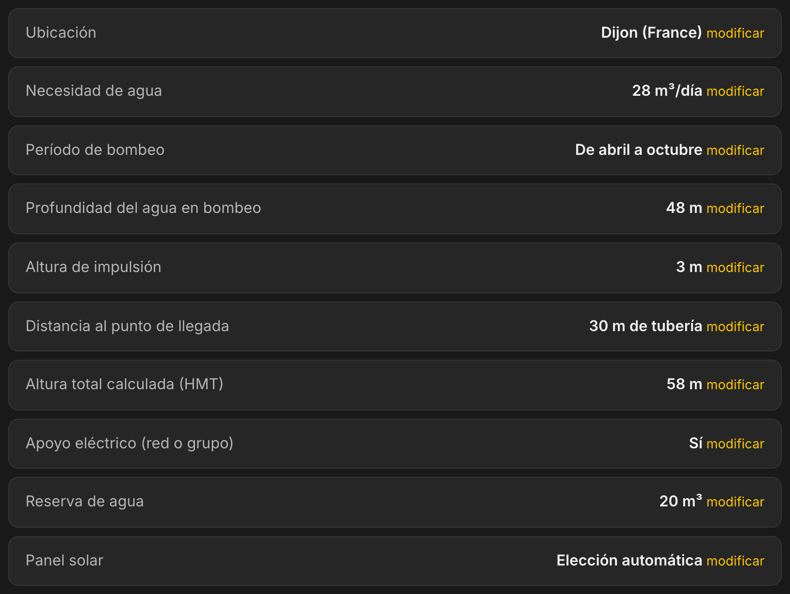 Resumen del estudio en LE LAB: Dijon, 28 m³ por día, período de bombeo de abril a octubre, nivel del agua en bombeo 48 m, impulsión 3 m, 30 m de canalización, HMT calculada 58 m, apoyo eléctrico sí, reserva de agua 20 m³