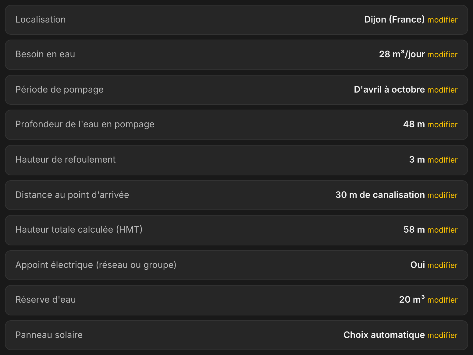 Récapitulatif de l'étude dans LE LAB : Dijon, 28 m³ par jour, période de pompage d'avril à octobre, profondeur de l'eau en pompage 48 m, refoulement 3 m, 30 m de canalisation, HMT calculée 58 m, appoint électrique oui, réserve d'eau 20 m³