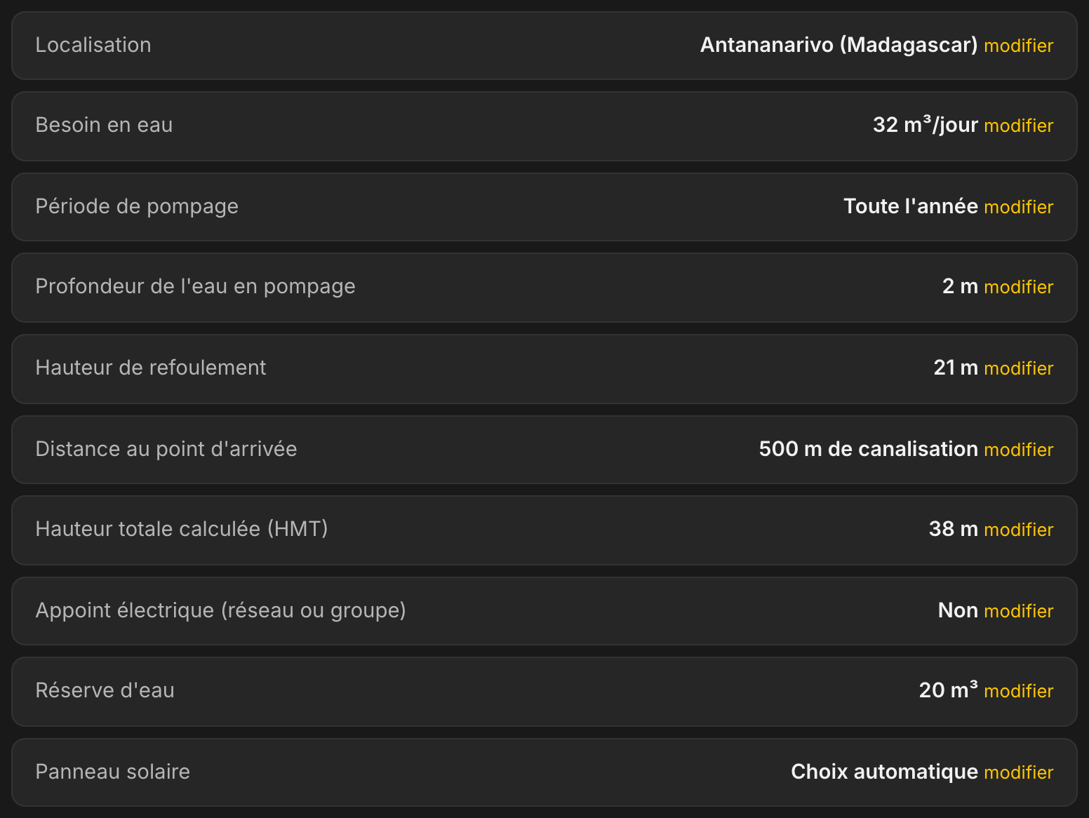 Récapitulatif de l'étude dans LE LAB : Antananarivo, 32 m³ par jour toute l'année, profondeur 2 m, refoulement 21 m, 500 m de canalisation, HMT calculée 38 m, pas d'appoint électrique, réserve d'eau 20 m³