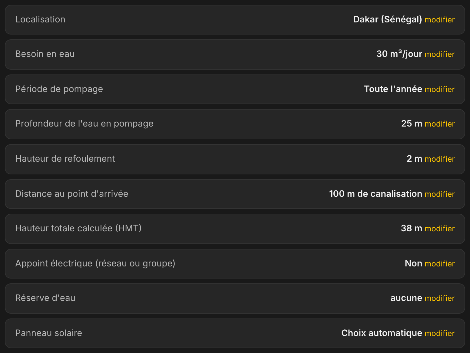 Récapitulatif de l'étude dans LE LAB : Dakar, 30 m³ par jour toute l'année, profondeur 25 m, refoulement 2 m, 100 m de canalisation, HMT calculée 38 m, pas d'appoint électrique, aucune réserve d'eau