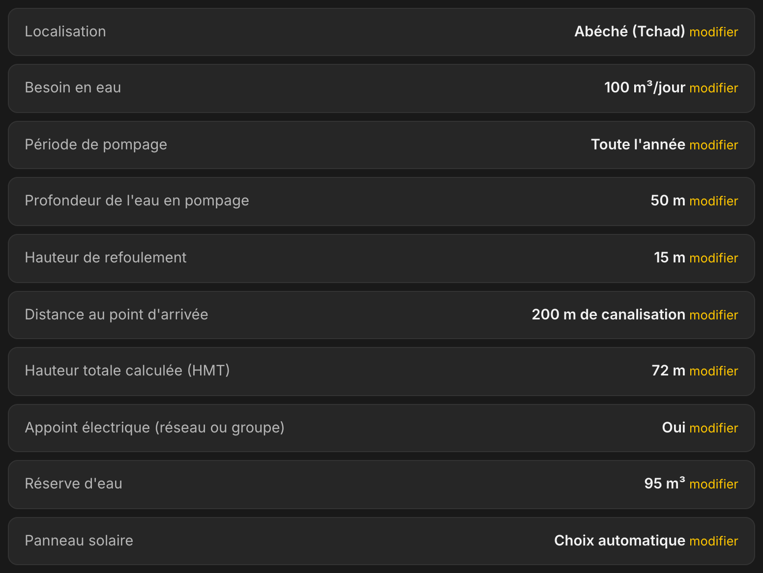 Récapitulatif de l'étude dans LE LAB : Abéché, 100 m³ par jour toute l'année, profondeur 50 m, refoulement 15 m, 200 m de canalisation, HMT calculée 72 m, appoint électrique oui, réserve d'eau 95 m³
