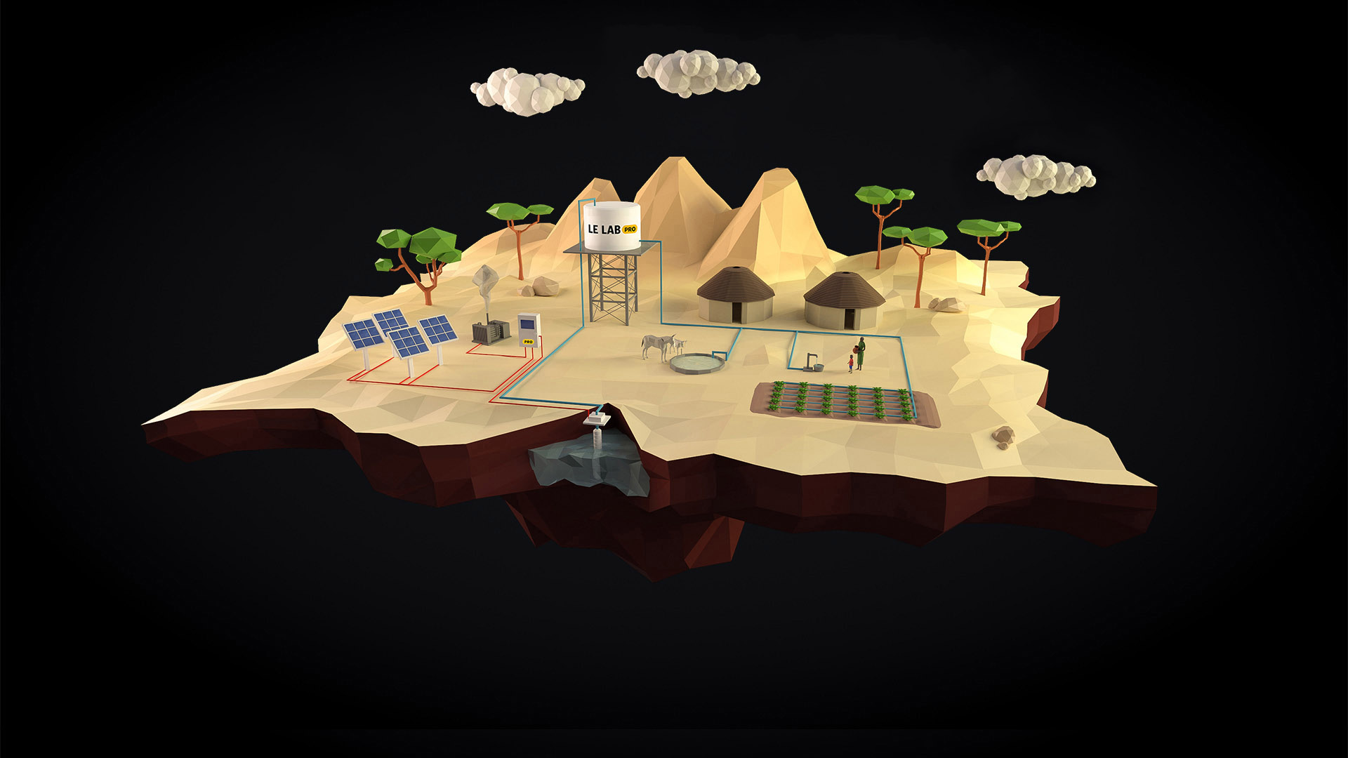 Illustration 3D d'une installation de pompage solaire : panneaux photovoltaïques, château d'eau et irrigation