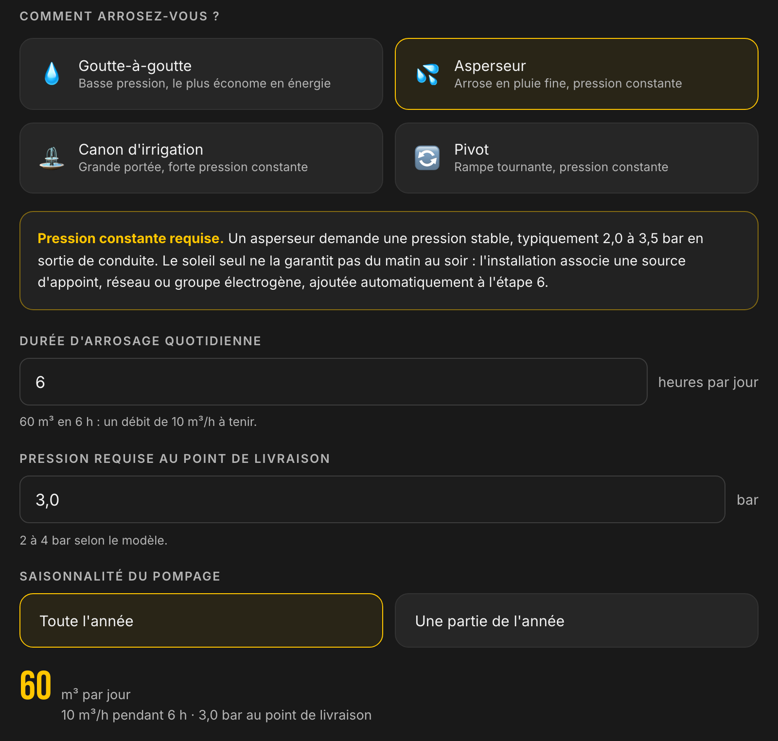 Paso 3 de la aplicación: cuatro tarjetas de elección entre riego por goteo, aspersor, cañón de riego y pívot, burbuja explicativa sobre la presión constante, campo de duración de riego a 6 horas y campo de presión a 3,0 bar.