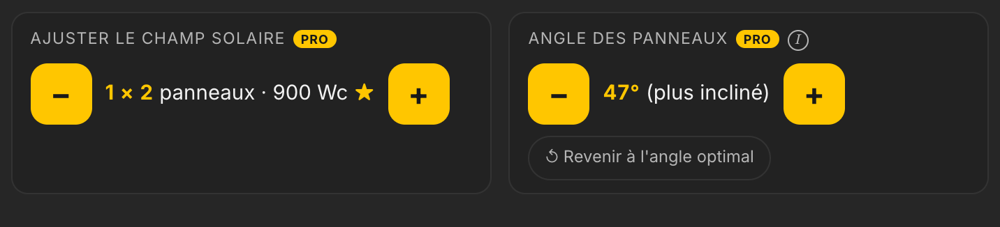 Fonction pro : réglage de l'angle des panneaux à côté de l'ajustement du champ solaire, avec le bouton de retour à l'angle optimal