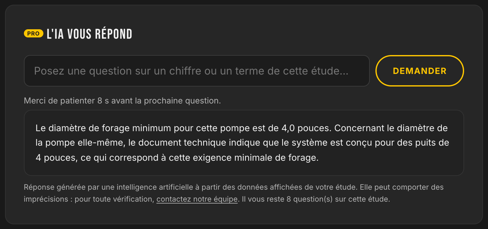 Fonction pro : module L'IA vous répond, avec une réponse sur le diamètre de forage minimum tirée de la fiche technique, la mention de transparence et le compteur de questions restantes