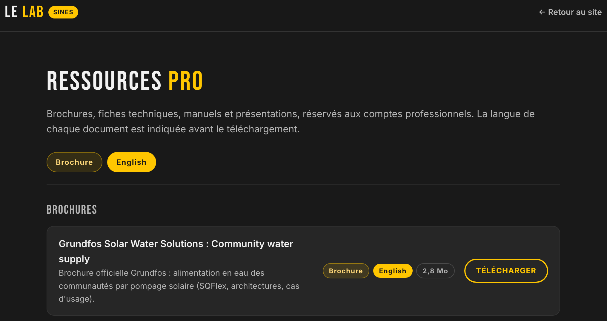 Fonction pro : bibliothèque de ressources réservée aux comptes pro, avec une brochure officielle Grundfos, sa langue et son poids